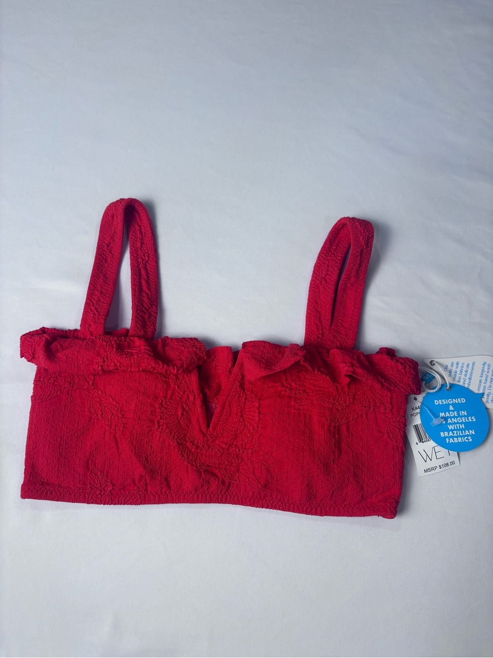 WET   Poppy Red Textured Bralette Top with Ruffle Trim